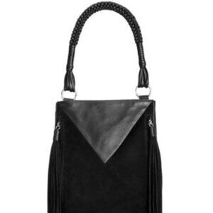 Sam Edelman Monica Leather Bucket Bag Black Snap Tassel Shoulder Suede Fringe